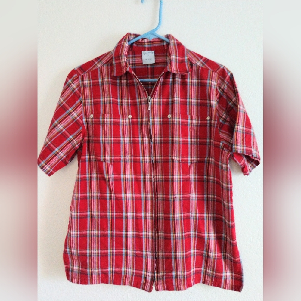 Adorable Vintage Red Plaid Camp Shirt Zip Front by Cascade Blues USA Small